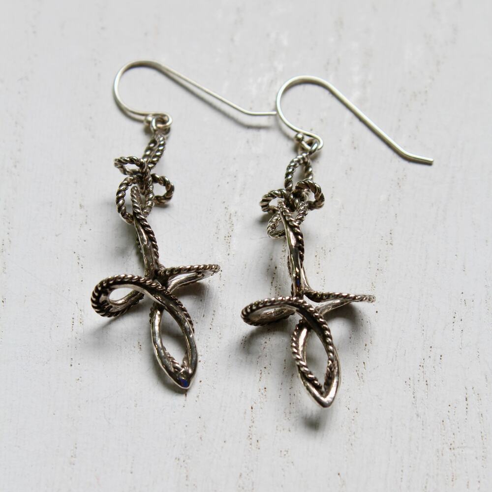 Vintage Or Paz Sterling Silver 925 Abstract Twisted Cross Dangle/Drop Earrings